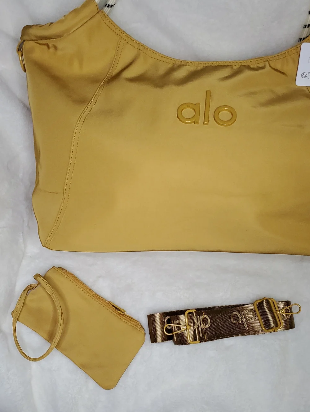 ALO Yellow Shoulder Bag with Rope Handles and Matching Pouch